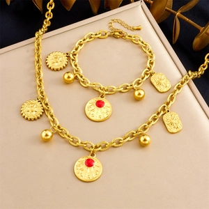 Retro Stainless Steel Jewelry Necklace And Bracelet Gold Plated Sun Pendant Red Gemstone Star Coin Commemorative Women