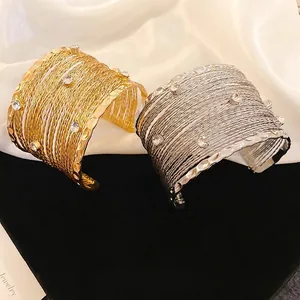 Wide Cuff Bracelet Alloy Multi-Layer Winding Hollow Out Rhinestone Open Adjustable Bohemian Fashion Jewelry For Women