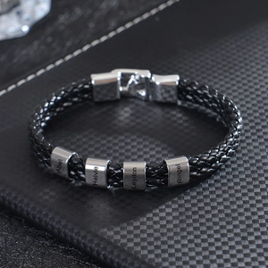 Men's double-layered black braided leather bracelet with four engravable silver beads