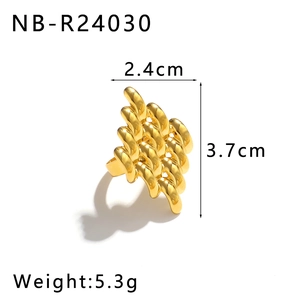Tabella taglie dettagliata per anello fiocco dorato, misure 2,4cm x 3,7cm e peso di 5,3g
