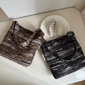 Women Vintage Striped Knitted Handbag Small Tote Underarm Bag Retro Aesthetic Sueded Fabric Simple Style Daily Carry