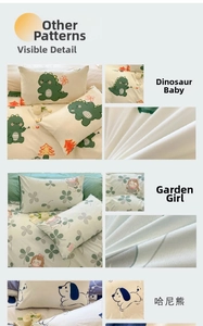 Detail of minimalist cartoon dinosaur and floral printed pillowcases in fresh cotton