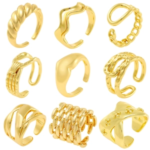 Geometric Open Adjustable Rings For Women Copper 18K Gold Plated Minimalist Twisted Wavy Chain Texture Fashion Jewelry