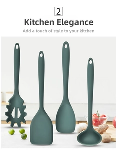 Detail view of dark green heat-resistant silicone kitchen utensil set with hanging holes