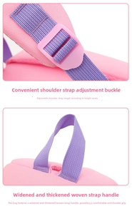 Detail of adjustable buckle and reinforced wide purple handle on unicorn school bag