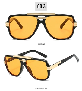 Front and angle views of retro square sunglasses with orange lenses and gold metal accents
