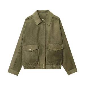 Short olive green faux suede jacket for women with dual utility pockets shown on flat lay