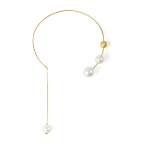 Golden stainless steel choker necklace with asymmetrical pearls and tassel detail