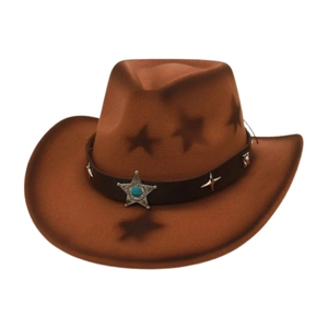 Brown western cowboy hat with star patterns and faux turquoise star leather band