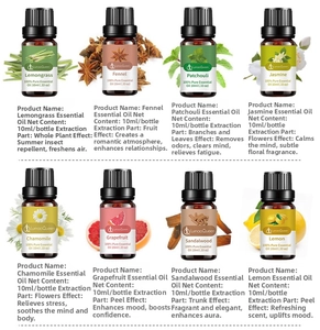 Infographic showing 8 essential oils with plant sources and aromatherapy benefits