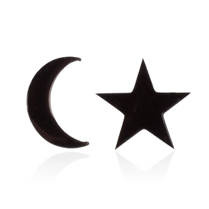 Asymmetric black moon and star stud earrings with a sleek minimalist polished finish