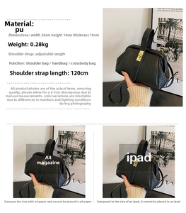 Detail view showing black PU leather texture, gold buckle, and size chart for women handbags