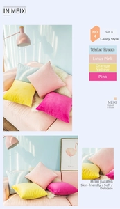 Assorted colorful velvet cushion covers in soft pastel tones for sofa decoration