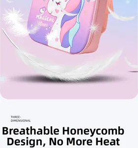 Breathable honeycomb back panel on pink unicorn schoolbag for lightweight comfort