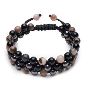 Bracelet tressé triple couche avec obsidienne noire et pierres naturelles rose brun