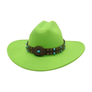 Detail of neon green wool fedora with brown leather band and floral metal concho