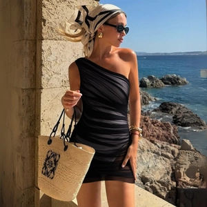 Women Single Shoulder Ruched Mesh Swimsuit And Wrap Skirt Sexy Vacation Beachwear Black