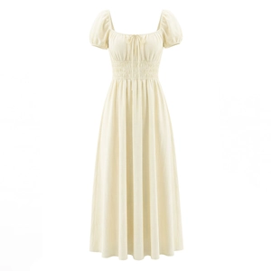 Cremefarbenes Midi-Kleid mit Puffärmeln, Karree-Ausschnitt und Taillenband