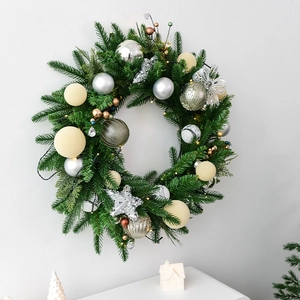 60cm artificial pine Christmas wreath with LED lights, silver ornaments and gold stars