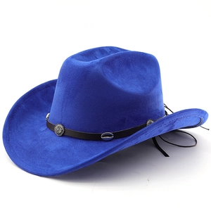Detail of royal blue western cowboy hat featuring sunflower metallic studs on black band