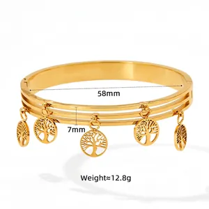 Gold stainless steel tree of life bangle with five hollow pendants for women and men