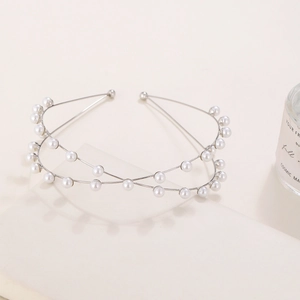 Elegant silver metal twisted headband with white pearls for women hair accessories