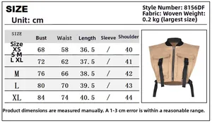 Size chart for woven utility vest showing chest, waist and length measurements in centimeters