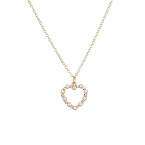 Elegant gold heart pendant necklace with white pearls and sparkling zircon stones on white base