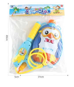 Detailed view of penguin backpack water gun showing 40cm height and 31cm width dimensions