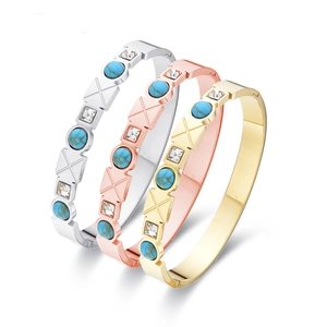 Vintage Open Bangle Bracelet For Women Titanium Steel With Turquoise And Square Cubic Zirconia Geometric X Design