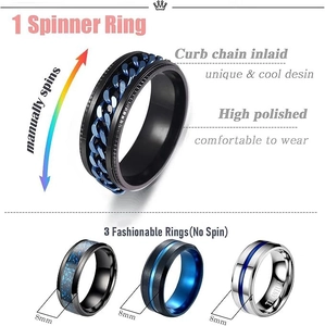 Set of 4 men's 8mm stainless steel rings in black silver and blue with spinner chain feature
