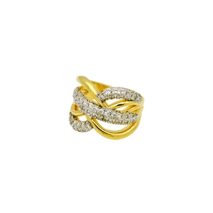Detailed macro view of X-shaped crisscross gold ring with pavé cubic zirconia accents