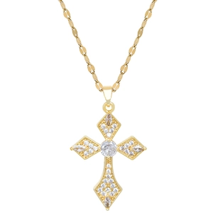 Elegant gold titanium steel cross necklace with sparkling rhinestones on a white background
