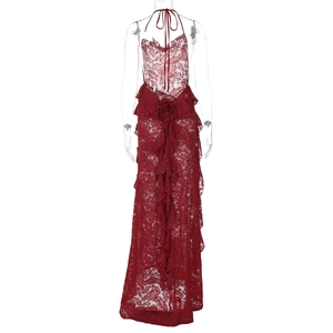 Detailed close-up of dark red lace texture on backless halter neck summer dress