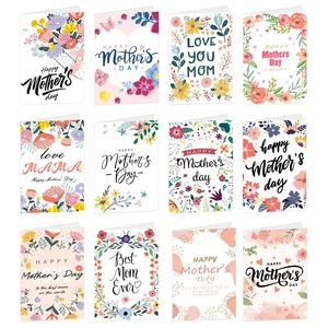 Set of 12 floral Mother's Day greeting cards with unique designs and colorful envelopes