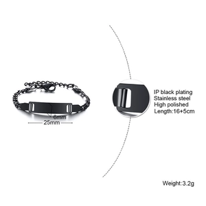 Polished black stainless steel kids ID bracelet with 25x6mm engravable bar details
