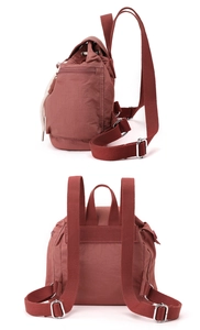 Detailed views of red nylon mini bucket backpack showing side pocket and adjustable straps