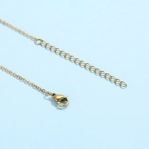 Close-up of gold lobster clasp and extension chain on stainless steel star necklace