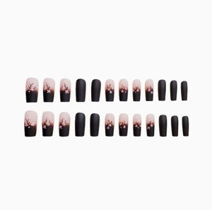 24pcs long coffin press on nails featuring black and pink gradient with plum blossom patterns