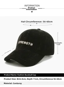 Detailed corduroy baseball cap texture with strength embroidery and size dimensions