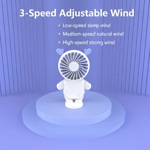 Portable mini cat-style USB handheld fan with blue antlers on a display stand