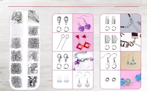 Detailed 12-grid jewelry findings kit with lobster clasps, ear hooks, and jump rings