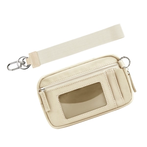 Detailed view of beige nylon card holder with clear ID window and woven wristlet strap