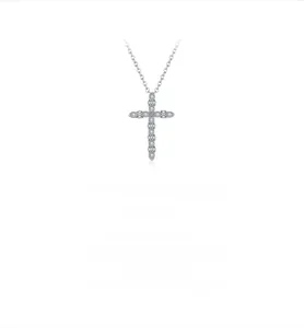 Detail view of S925 sterling silver cross necklace with pavé moissanite stones