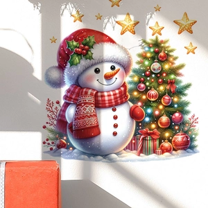 Detail of Christmas snowman wall decal with festive tree and stars on a white wall