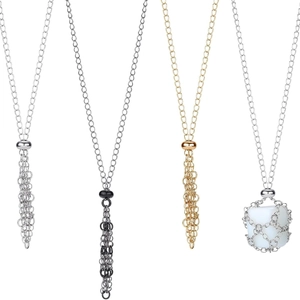 Versatile metal mesh cage necklaces set with crystal stone holders in gold, silver, and black