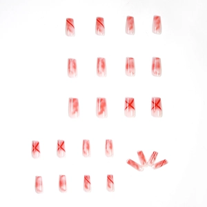 Red and white press-on nail kit with 24 pieces featuring marble ink and linear designs
