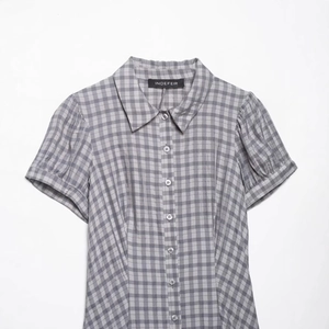Short-sleeved grey plaid dress with classic lapel collar and button-down front design