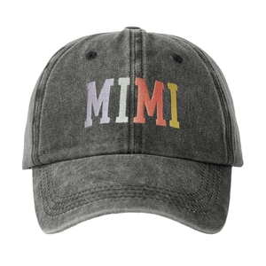 Faded grey washed cotton baseball cap with colorful MIMI embroidery and curved brim