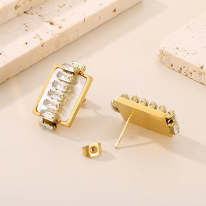 Elegant gold rectangular titanium steel earrings with zircon and mother of pearl inlay